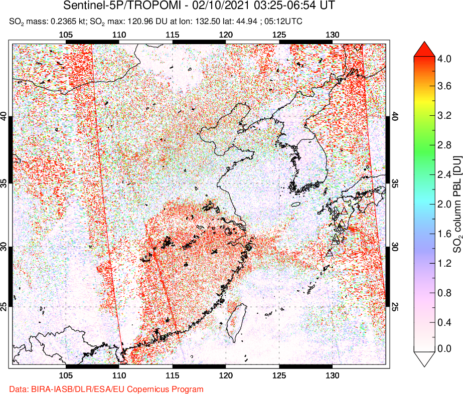 A sulfur dioxide image over Eastern China on Feb 10, 2021.