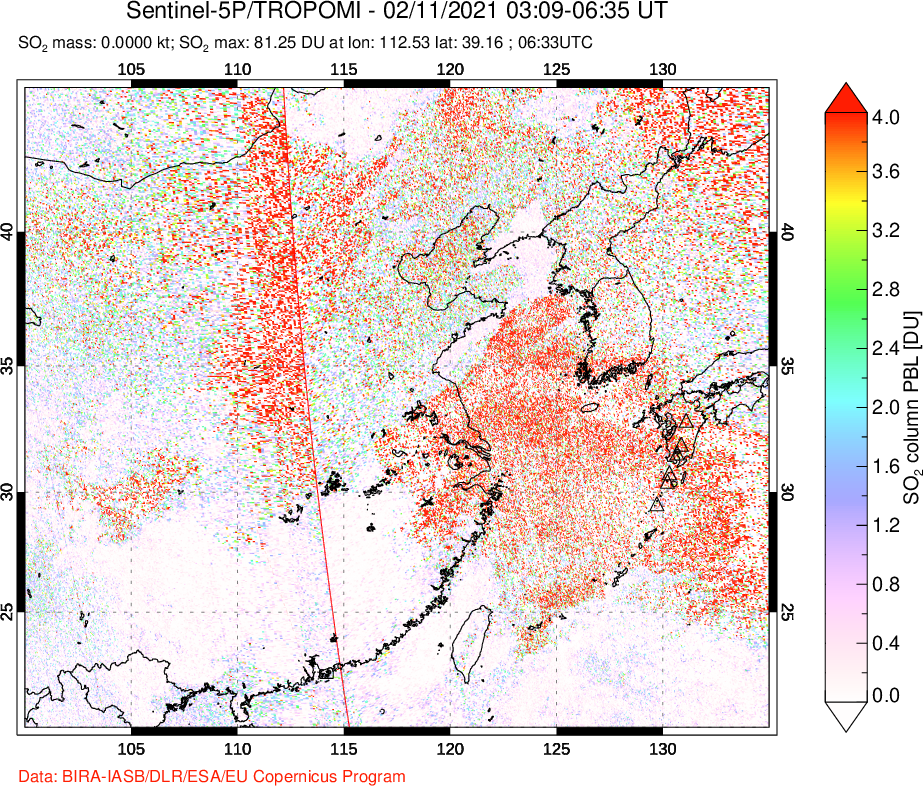 A sulfur dioxide image over Eastern China on Feb 11, 2021.