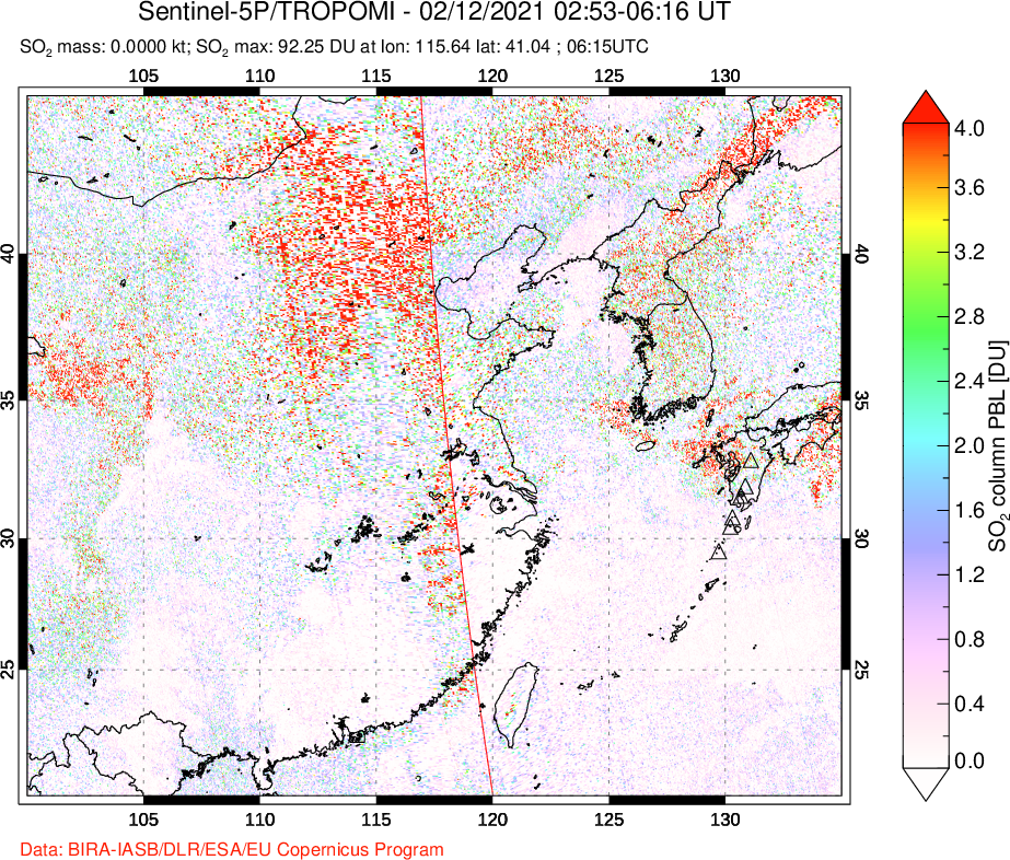 A sulfur dioxide image over Eastern China on Feb 12, 2021.