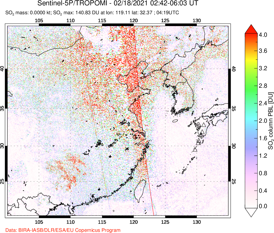 A sulfur dioxide image over Eastern China on Feb 18, 2021.