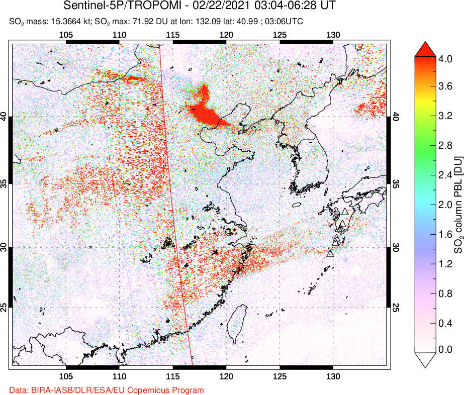 A sulfur dioxide image over Eastern China on Feb 22, 2021.