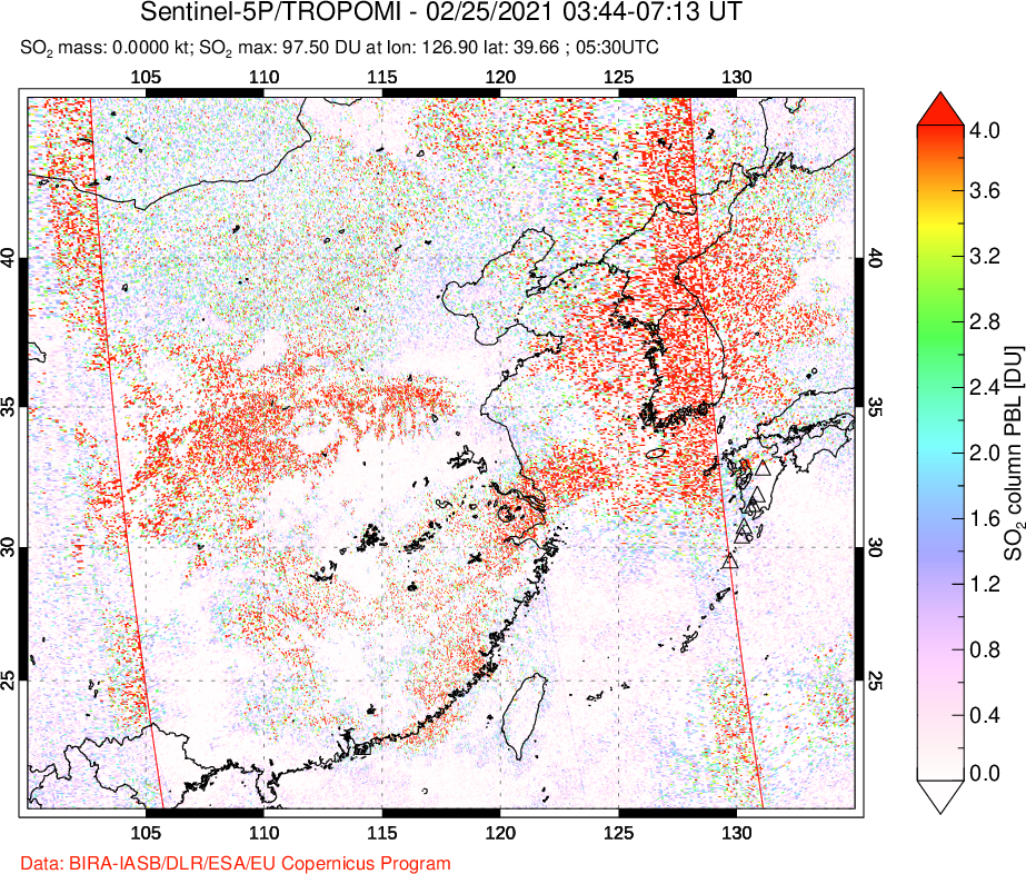 A sulfur dioxide image over Eastern China on Feb 25, 2021.