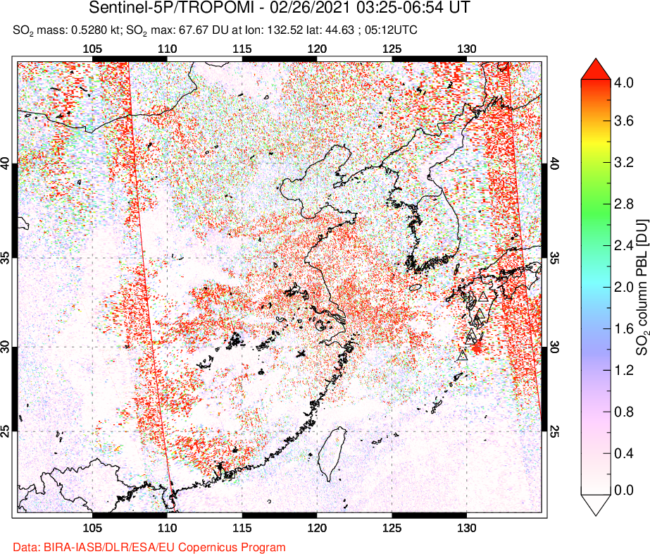 A sulfur dioxide image over Eastern China on Feb 26, 2021.