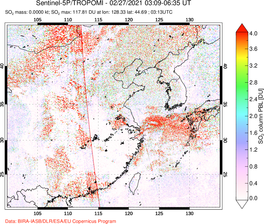 A sulfur dioxide image over Eastern China on Feb 27, 2021.