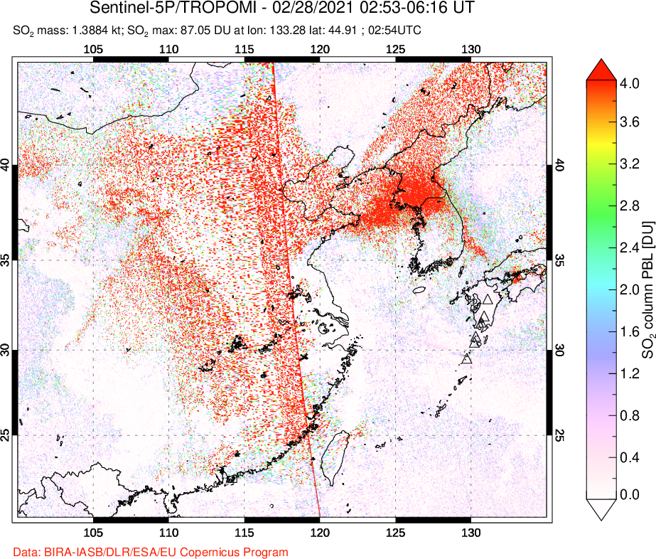 A sulfur dioxide image over Eastern China on Feb 28, 2021.