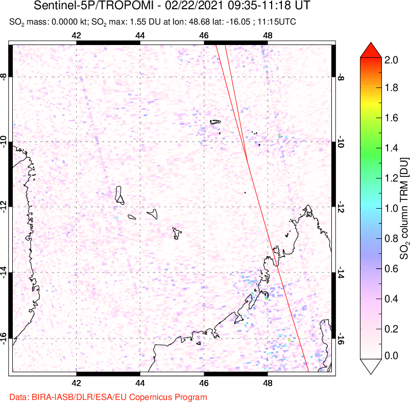 A sulfur dioxide image over Comoro Islands on Feb 22, 2021.