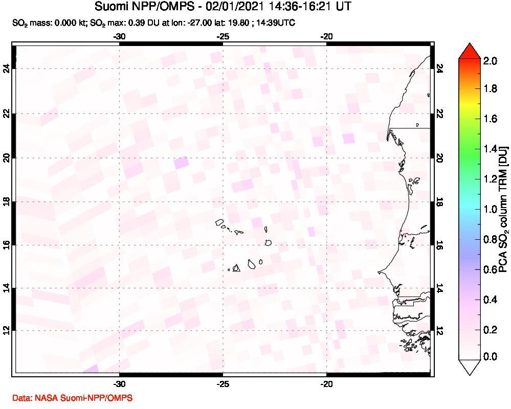 A sulfur dioxide image over Cape Verde Islands on Feb 01, 2021.