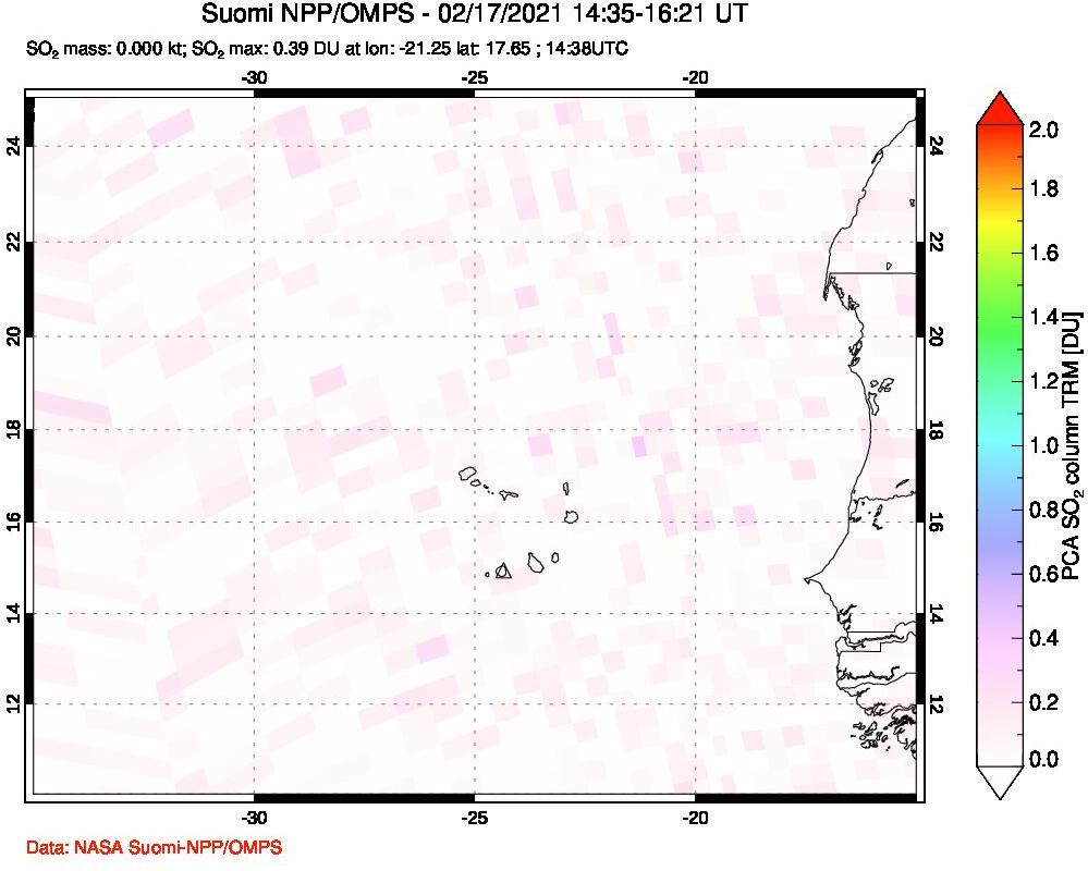 A sulfur dioxide image over Cape Verde Islands on Feb 17, 2021.