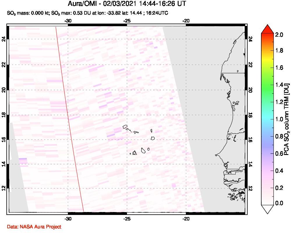 A sulfur dioxide image over Cape Verde Islands on Feb 03, 2021.