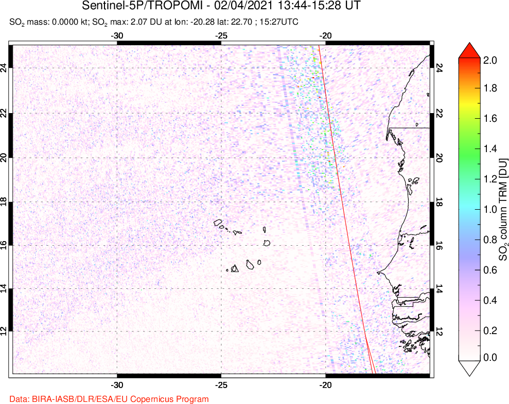 A sulfur dioxide image over Cape Verde Islands on Feb 04, 2021.