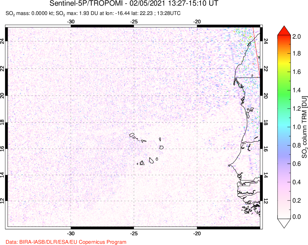 A sulfur dioxide image over Cape Verde Islands on Feb 05, 2021.