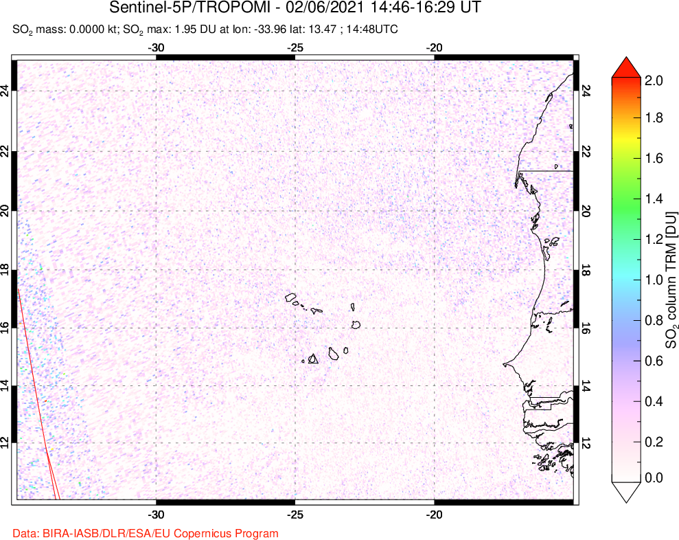A sulfur dioxide image over Cape Verde Islands on Feb 06, 2021.