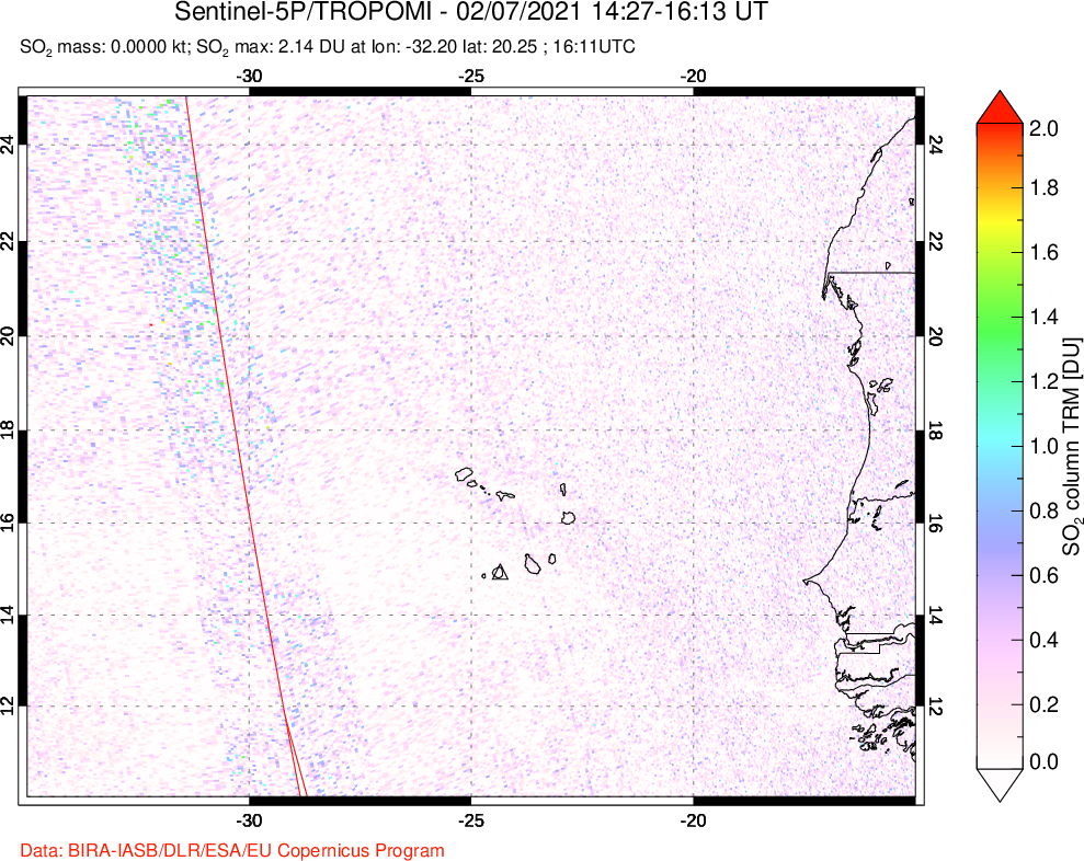 A sulfur dioxide image over Cape Verde Islands on Feb 07, 2021.