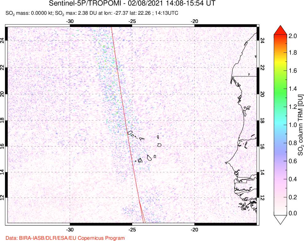 A sulfur dioxide image over Cape Verde Islands on Feb 08, 2021.