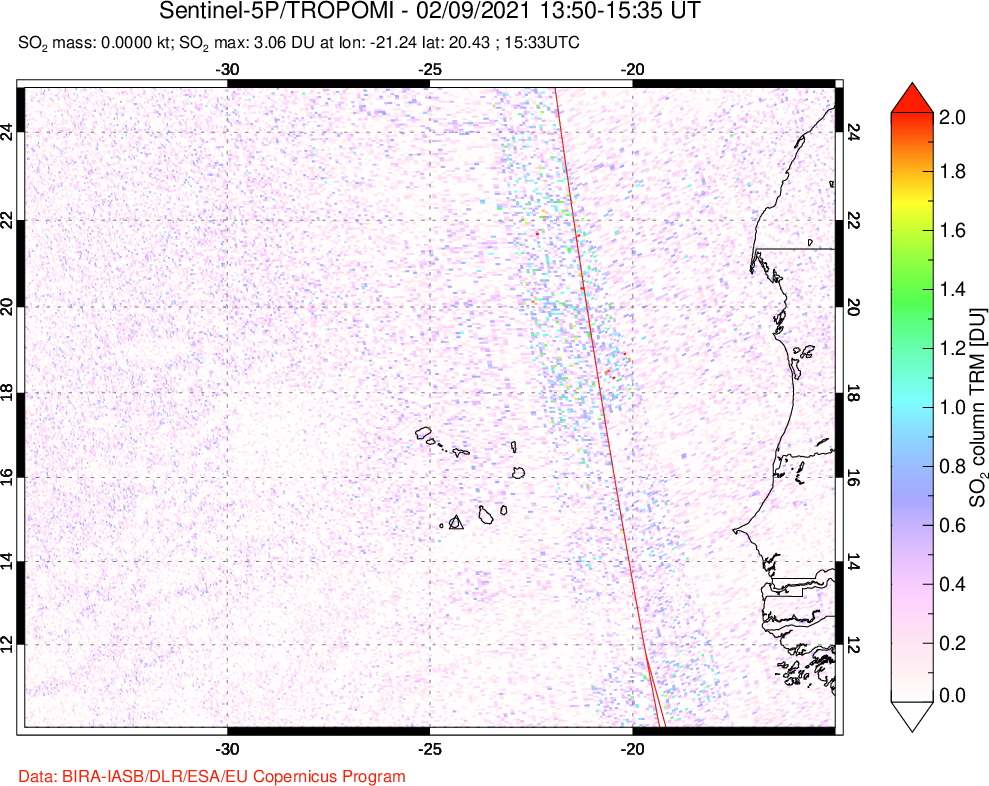 A sulfur dioxide image over Cape Verde Islands on Feb 09, 2021.