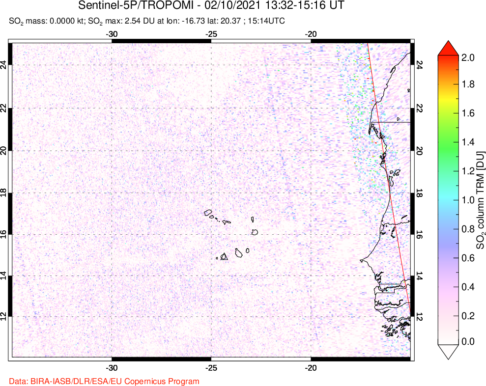 A sulfur dioxide image over Cape Verde Islands on Feb 10, 2021.