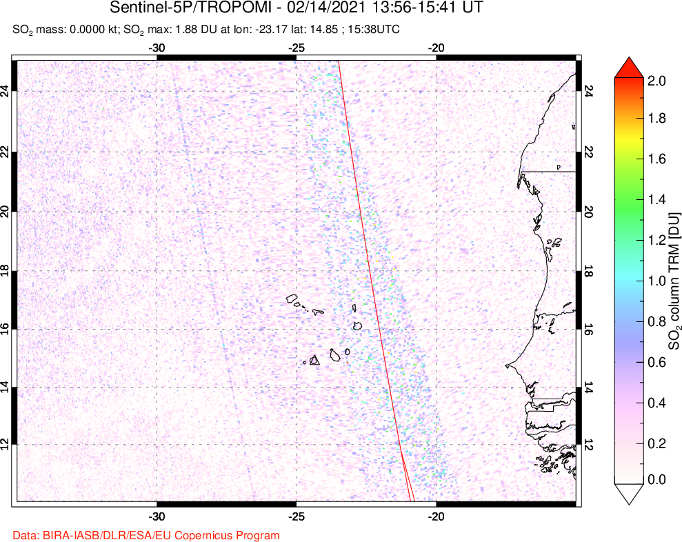 A sulfur dioxide image over Cape Verde Islands on Feb 14, 2021.