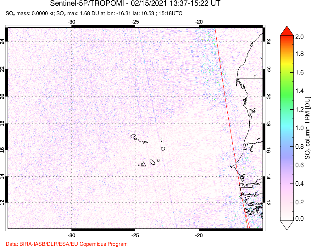 A sulfur dioxide image over Cape Verde Islands on Feb 15, 2021.