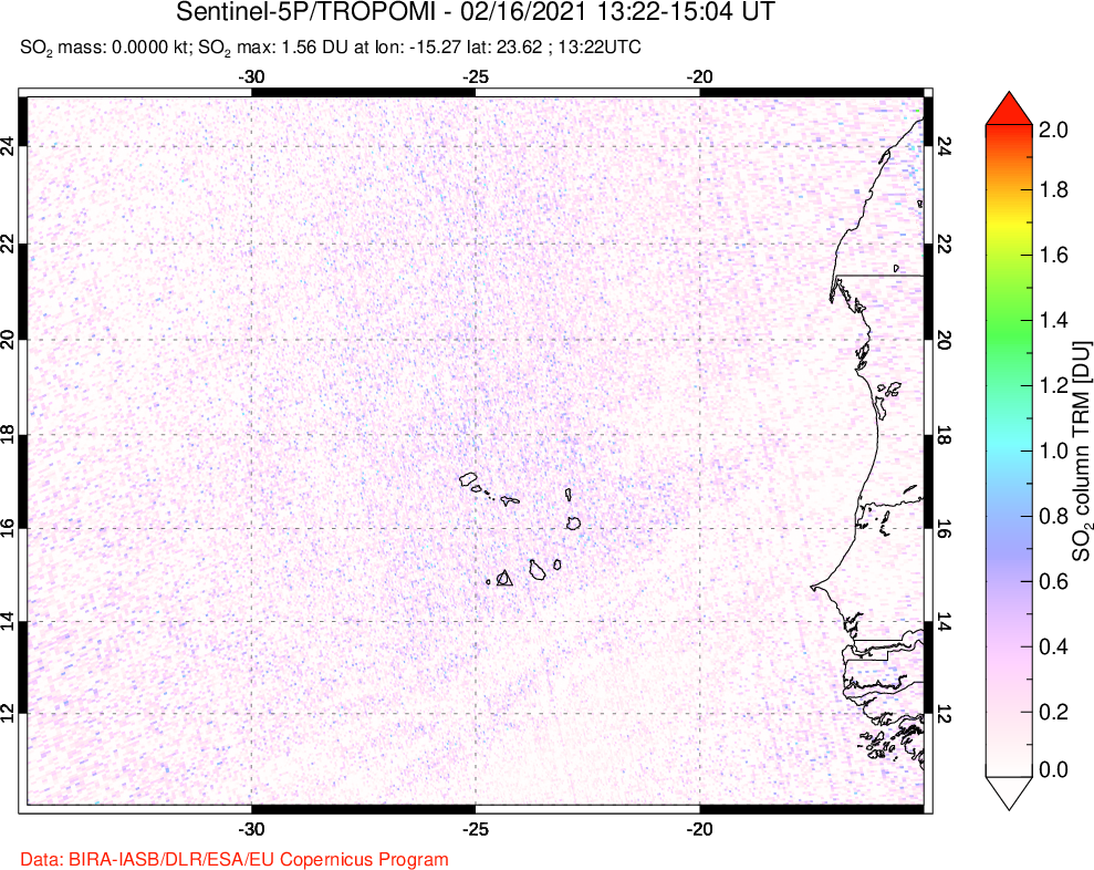 A sulfur dioxide image over Cape Verde Islands on Feb 16, 2021.