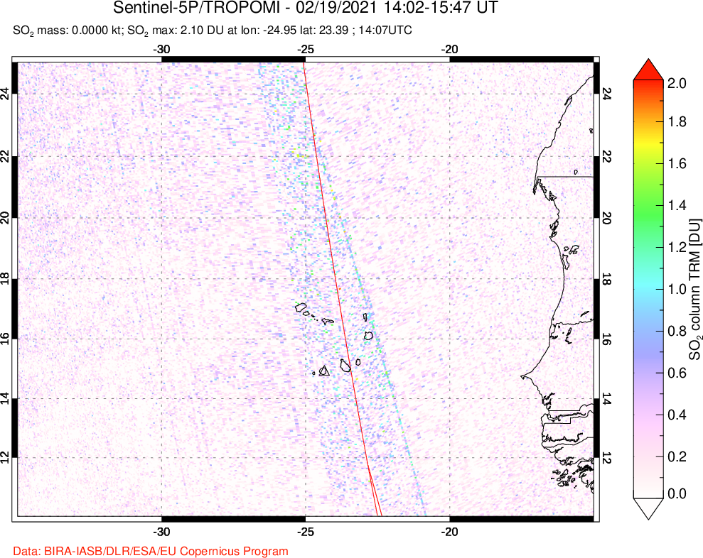 A sulfur dioxide image over Cape Verde Islands on Feb 19, 2021.