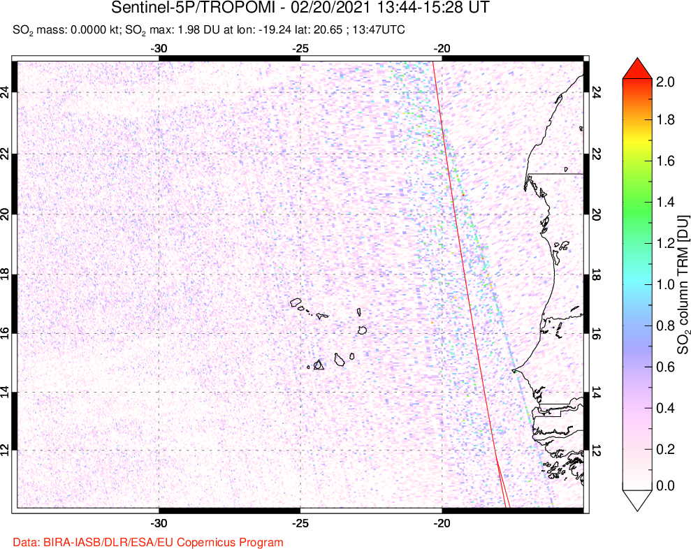 A sulfur dioxide image over Cape Verde Islands on Feb 20, 2021.