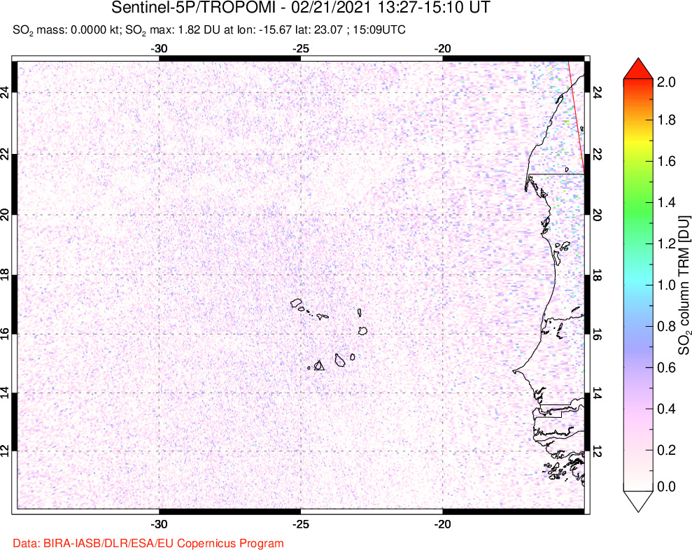 A sulfur dioxide image over Cape Verde Islands on Feb 21, 2021.