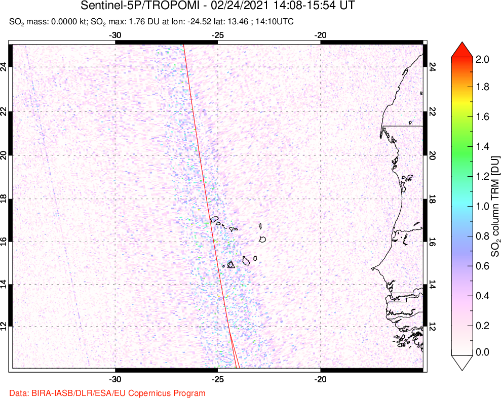 A sulfur dioxide image over Cape Verde Islands on Feb 24, 2021.