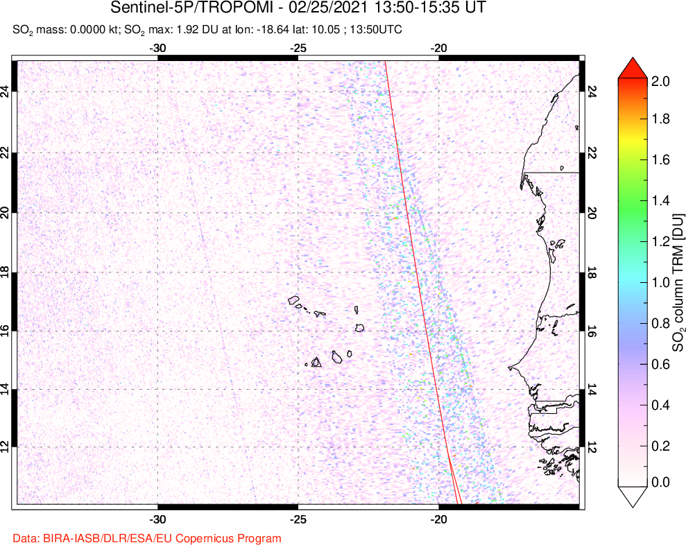 A sulfur dioxide image over Cape Verde Islands on Feb 25, 2021.