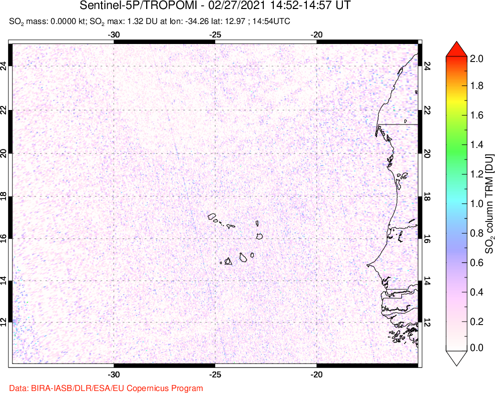 A sulfur dioxide image over Cape Verde Islands on Feb 27, 2021.