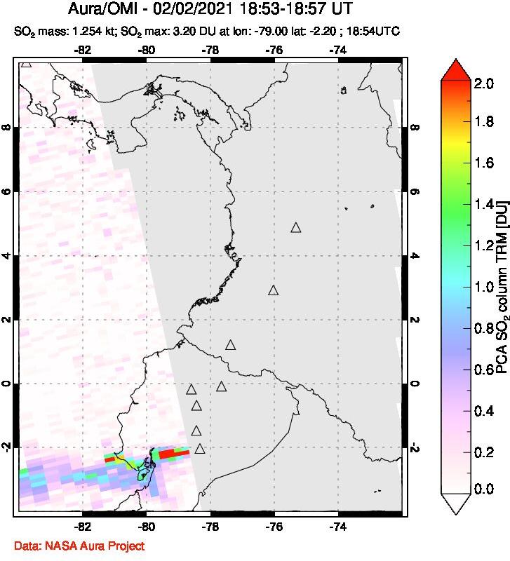 A sulfur dioxide image over Ecuador on Feb 02, 2021.
