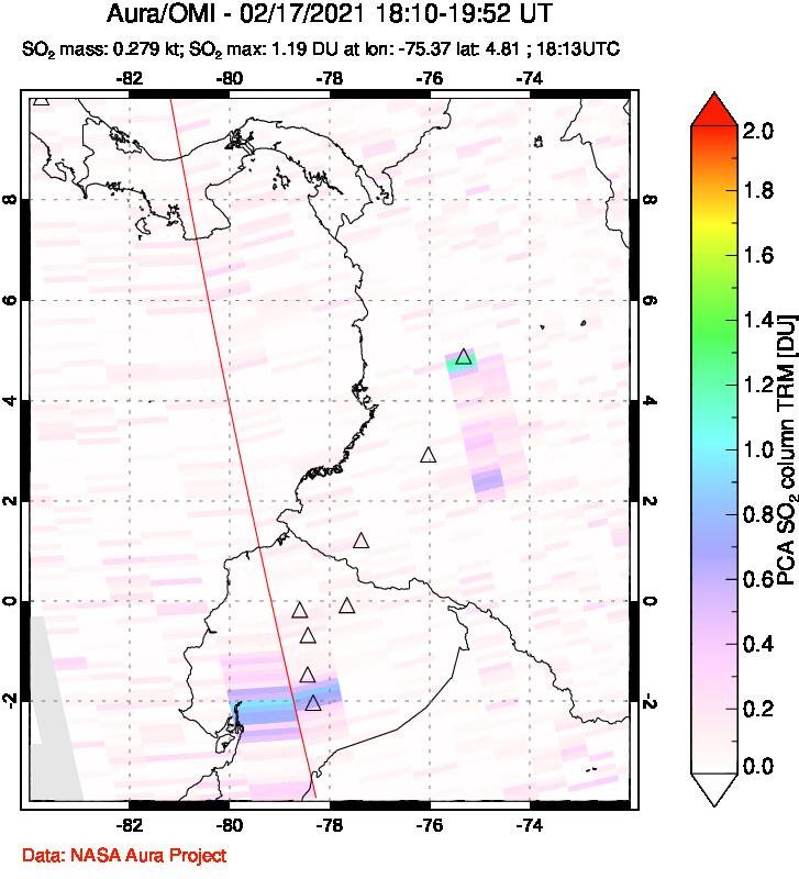 A sulfur dioxide image over Ecuador on Feb 17, 2021.