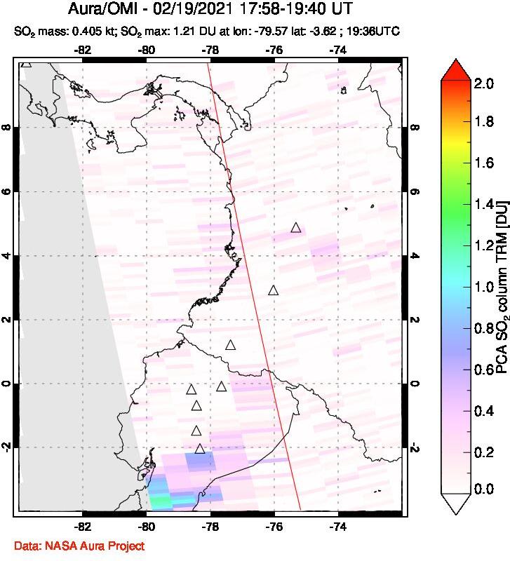 A sulfur dioxide image over Ecuador on Feb 19, 2021.