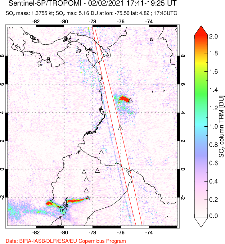 A sulfur dioxide image over Ecuador on Feb 02, 2021.