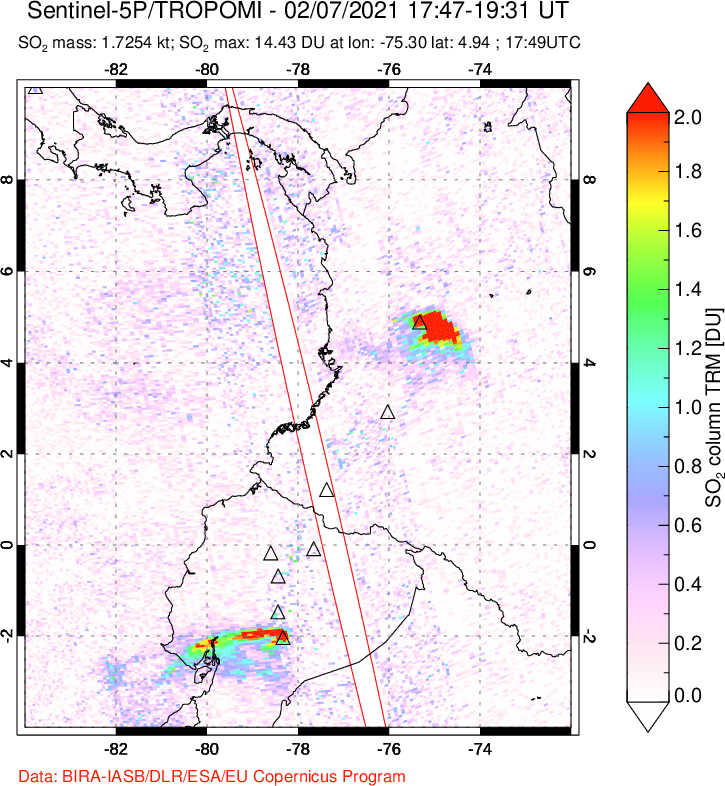 A sulfur dioxide image over Ecuador on Feb 07, 2021.