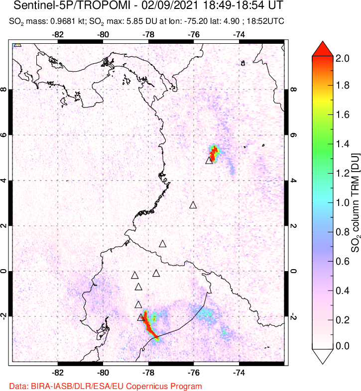 A sulfur dioxide image over Ecuador on Feb 09, 2021.