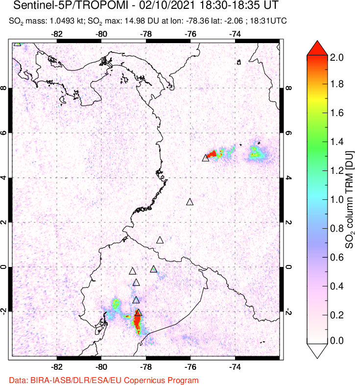 A sulfur dioxide image over Ecuador on Feb 10, 2021.