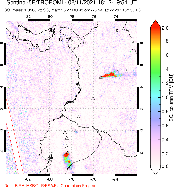 A sulfur dioxide image over Ecuador on Feb 11, 2021.