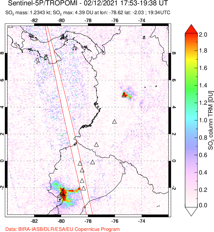 A sulfur dioxide image over Ecuador on Feb 12, 2021.