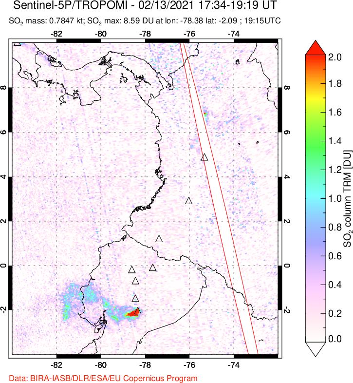 A sulfur dioxide image over Ecuador on Feb 13, 2021.