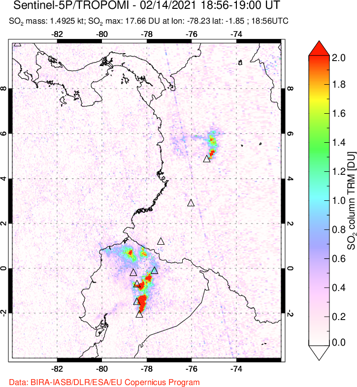 A sulfur dioxide image over Ecuador on Feb 14, 2021.
