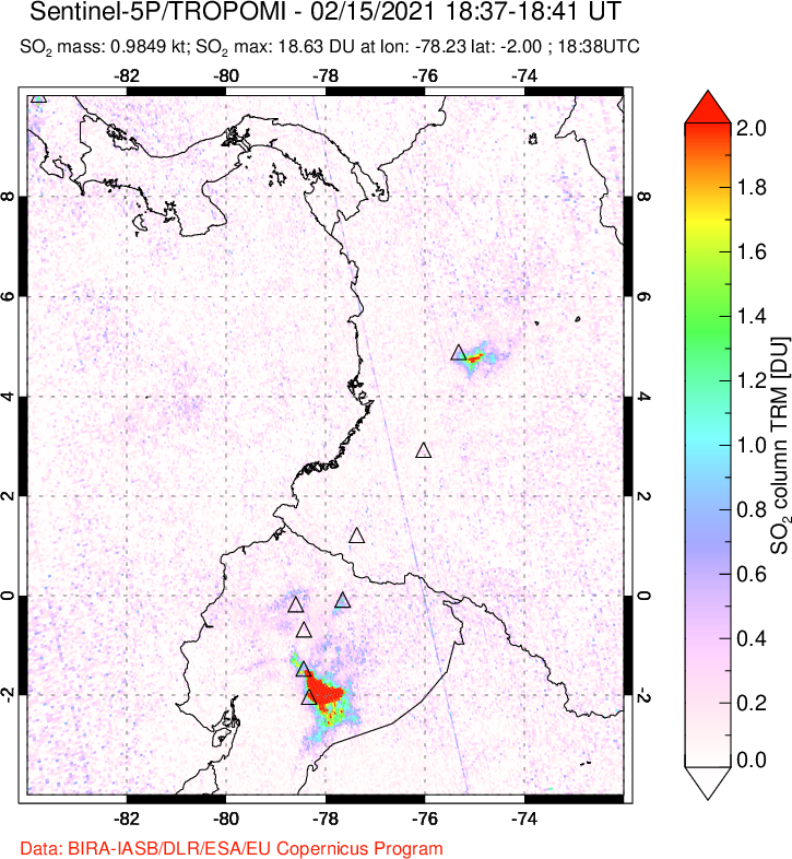 A sulfur dioxide image over Ecuador on Feb 15, 2021.