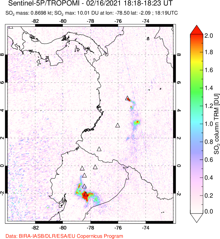 A sulfur dioxide image over Ecuador on Feb 16, 2021.