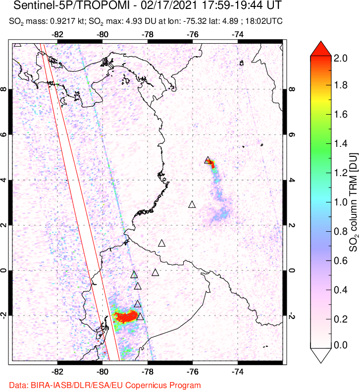 A sulfur dioxide image over Ecuador on Feb 17, 2021.