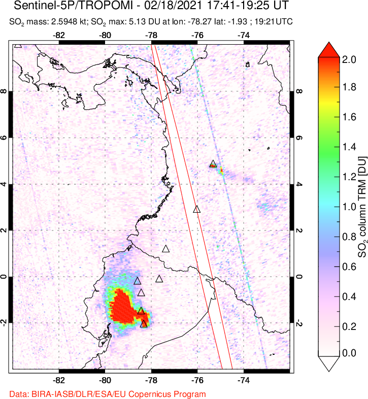A sulfur dioxide image over Ecuador on Feb 18, 2021.