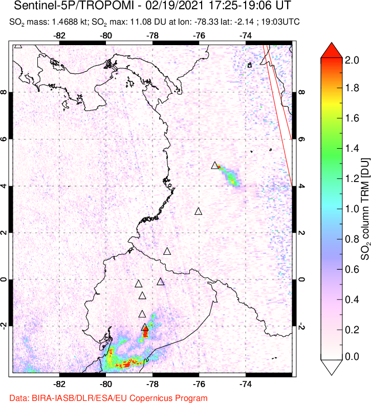 A sulfur dioxide image over Ecuador on Feb 19, 2021.