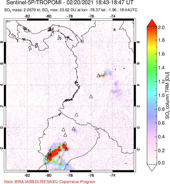 A sulfur dioxide image over Ecuador on Feb 20, 2021.