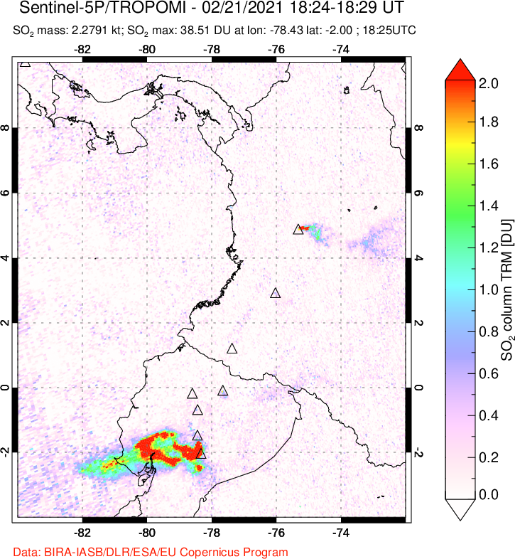 A sulfur dioxide image over Ecuador on Feb 21, 2021.