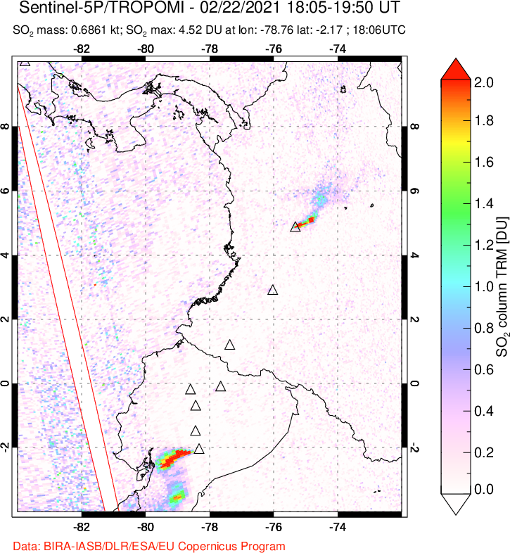 A sulfur dioxide image over Ecuador on Feb 22, 2021.