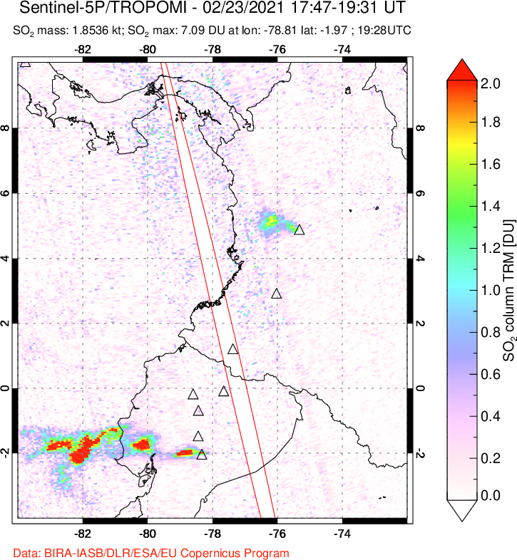 A sulfur dioxide image over Ecuador on Feb 23, 2021.