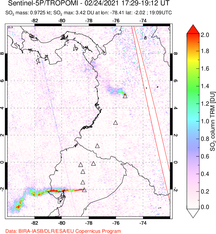 A sulfur dioxide image over Ecuador on Feb 24, 2021.